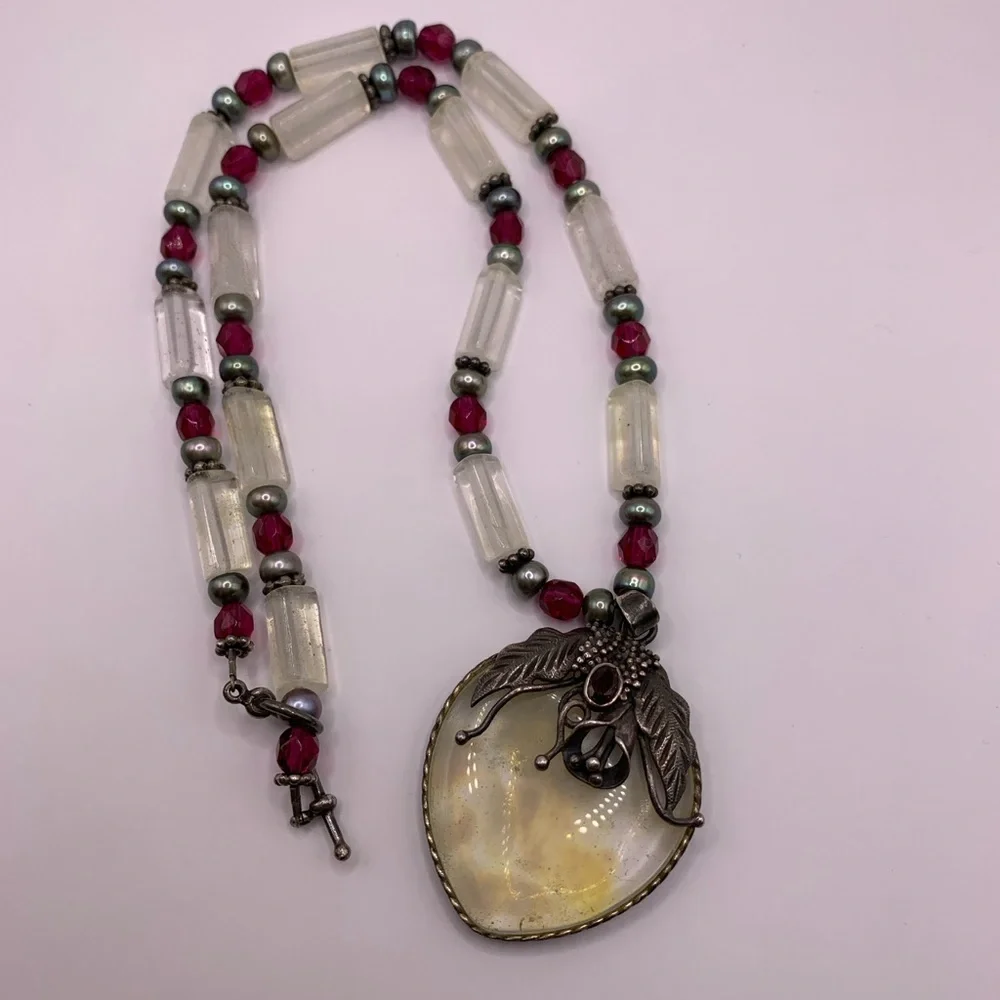 Moonstone and Garnet Sterling Unique Vintage Artisan Made Pendant